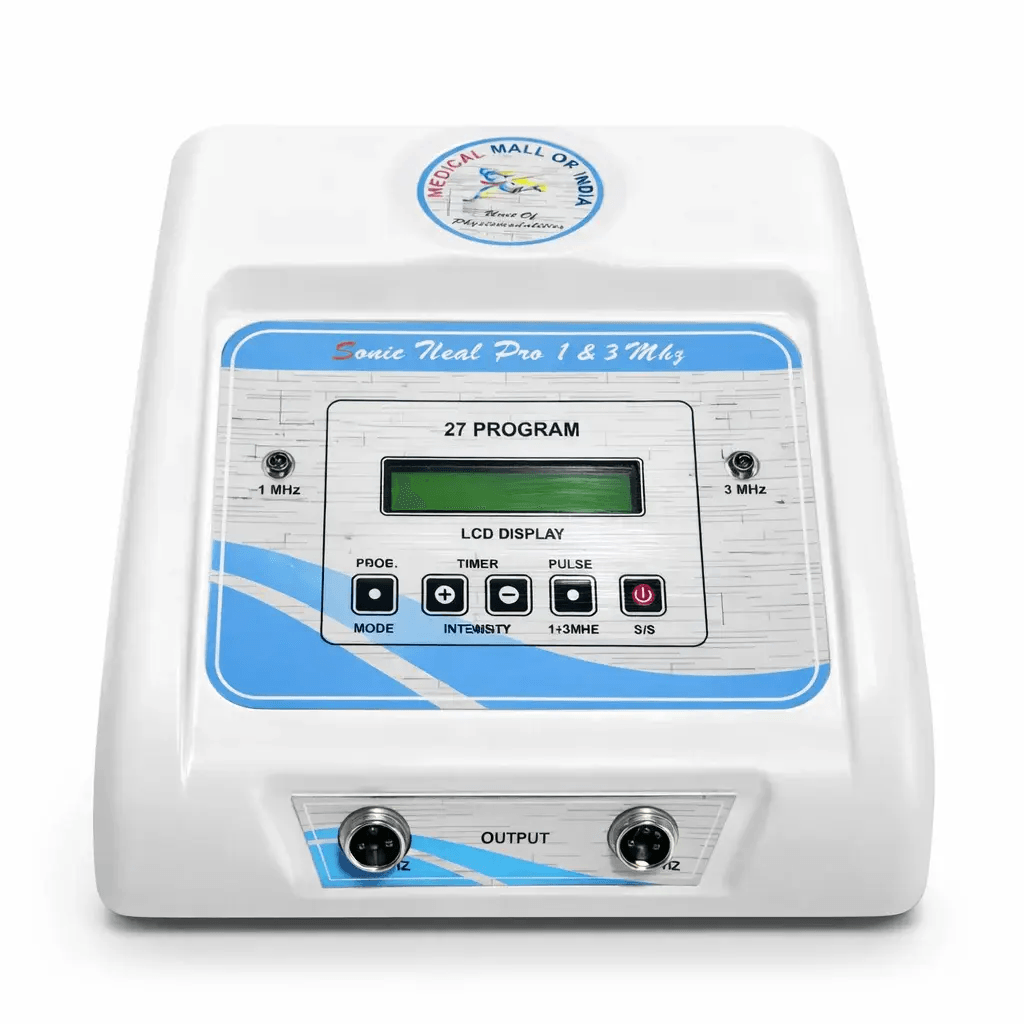 1 & 3 MHz Ultrasonic Therapy Unit Sonic Heal Pro 1 & 3 MHz Ultrasonic Therapy Unit with 27 programs, LCD display, timer, pulse and intensity controls for professional physiotherapy use.