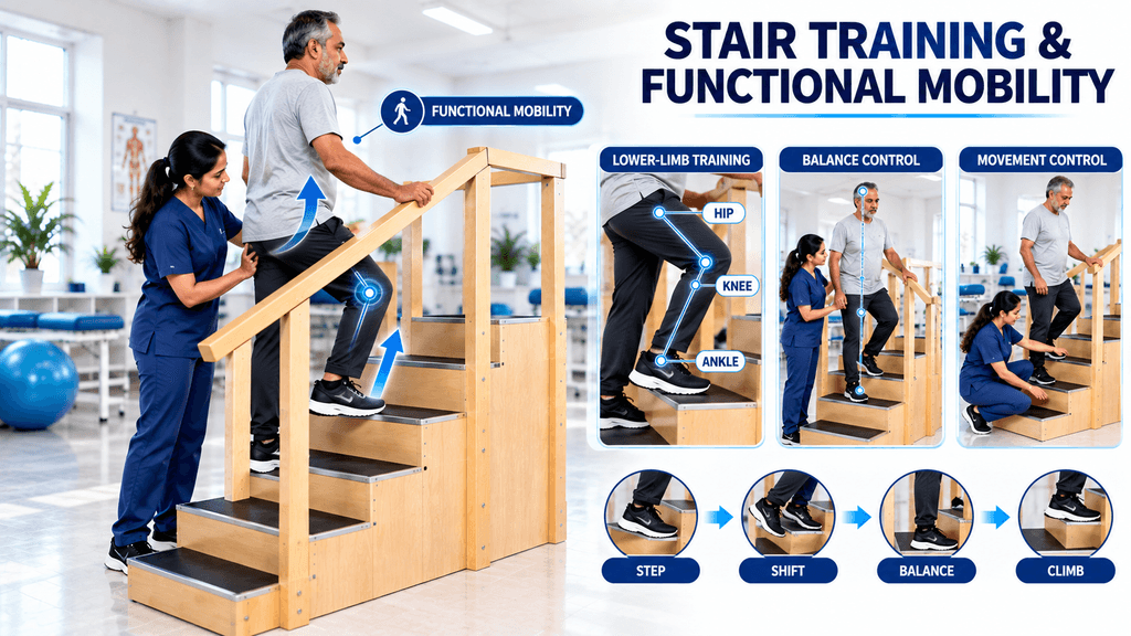 PHYSIOMODALITIES™ Single Side Staircase physiotherapy equipment showing an elderly patient performing stair climbing and functional mobility training with a physiotherapist, including lower-limb training, balance control, movement control, and step, shift, balance, and climb exercises.