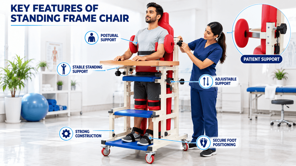 Standing Frame Chair Adult patient using a PHYSIOMODALITIES™ Standing Frame Chair with adjustable trunk, pelvic, knee and foot supports while a physiotherapist adjusts the lateral support in a clinical rehabilitation setting.