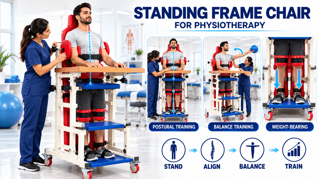 Standing Frame Chair Adult patient using a PHYSIOMODALITIES™ Standing Frame Chair during physiotherapy rehabilitation while a physiotherapist adjusts lateral trunk support for postural training, balance training, and controlled weight-bearing practice in a clinical setting.