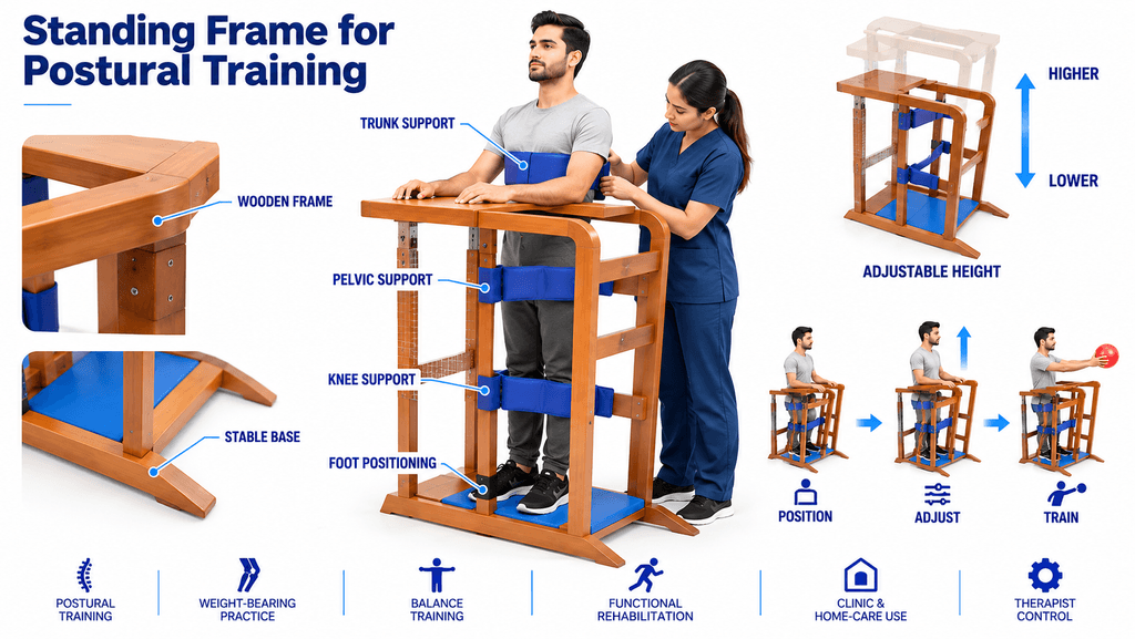 Adjustable wooden standing frame for postural training with trunk, pelvic, knee, and foot supports, stable base, height adjustment, therapist-assisted positioning, balance training, weight-bearing practice, functional rehabilitation, and home or clinic physiotherapy use.