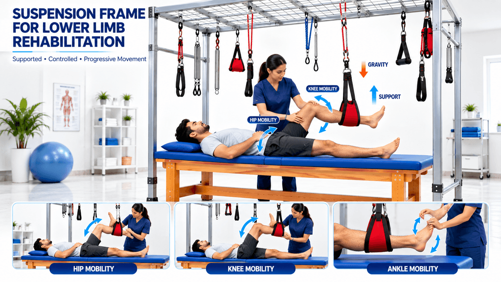 Medical infographic showing a suspension therapy frame for lower limb rehabilitation with therapist-assisted hip, knee, and ankle mobility exercises using adjustable suspension straps, springs, and slings to provide supported movement, controlled weight-bearing, and progressive physiotherapy rehabilitation.
