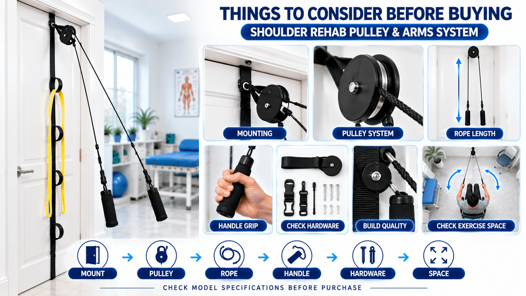 PHYSIOMODALITIES™ Shoulder Rehab Pulley & Arms System with door anchor mounting, pulley mechanism, adjustable rope length, ergonomic handle grips, hardware components, durable build quality, and recommended exercise space for physiotherapy shoulder rehabilitation and mobility exercises.