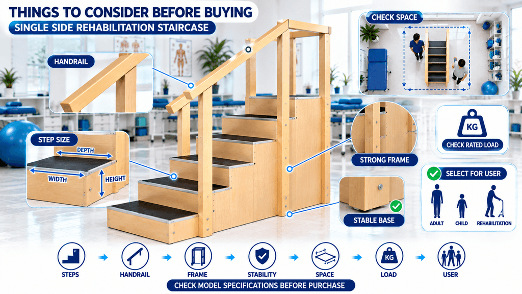 PHYSIOMODALITIES™ Single Side Rehabilitation Staircase with wooden handrail, anti-slip training steps, strong wooden frame, stable base, clinic space guide, rated load icon, and user suitability for adult, child, and rehabilitation physiotherapy training.
