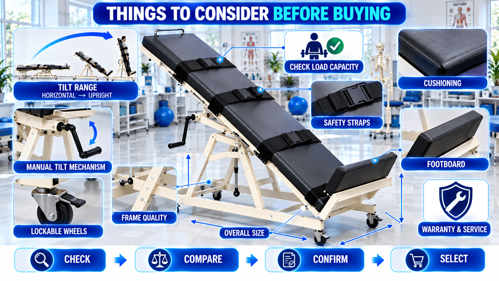 Manual tilt table showing key buying considerations including tilt range, manual tilt mechanism, load capacity, safety straps, cushioning, footboard, lockable wheels, frame quality, overall size, and warranty and service.