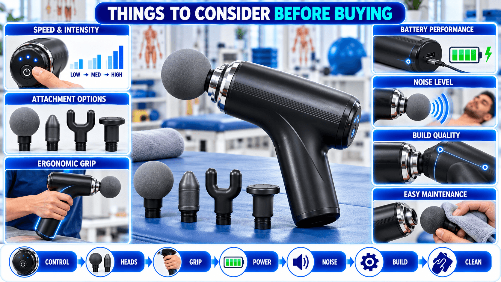 Percussion massage gun with interchangeable attachment heads, adjustable speed and intensity, ergonomic grip, battery performance, noise level, build quality, and easy maintenance features.