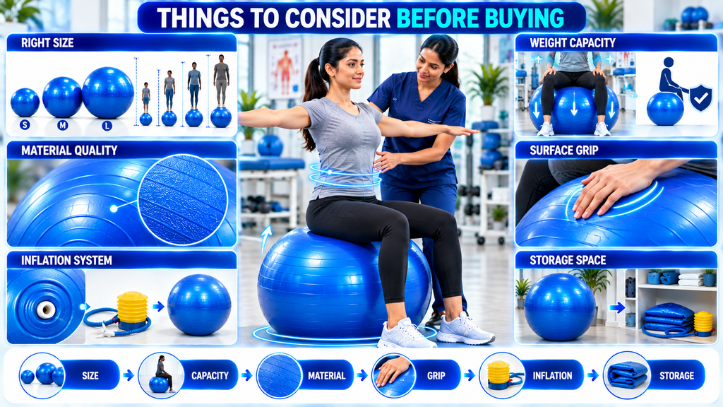 Exercise Ball Exercise ball buying guide highlighting size, weight capacity, material quality, surface grip, inflation system, and storage requirements for physiotherapy and rehabilitation use.