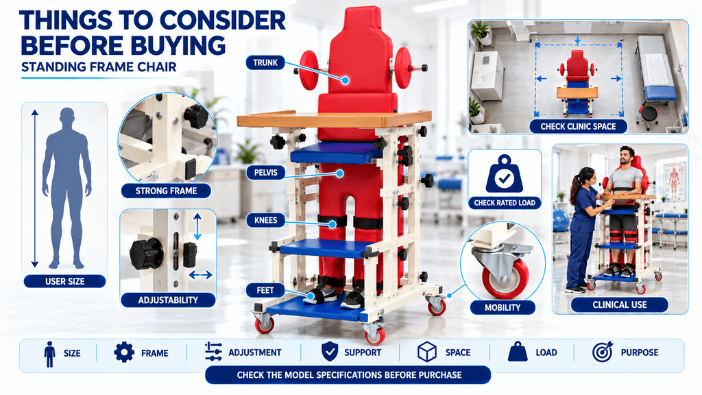 Standing Frame Chair PHYSIOMODALITIES™ Standing Frame Chair buying guide showing adjustable trunk, pelvic, knee and foot supports, strong steel frame, lockable caster wheels, user size compatibility, clinic space requirement, load capacity, and clinical rehabilitation use.