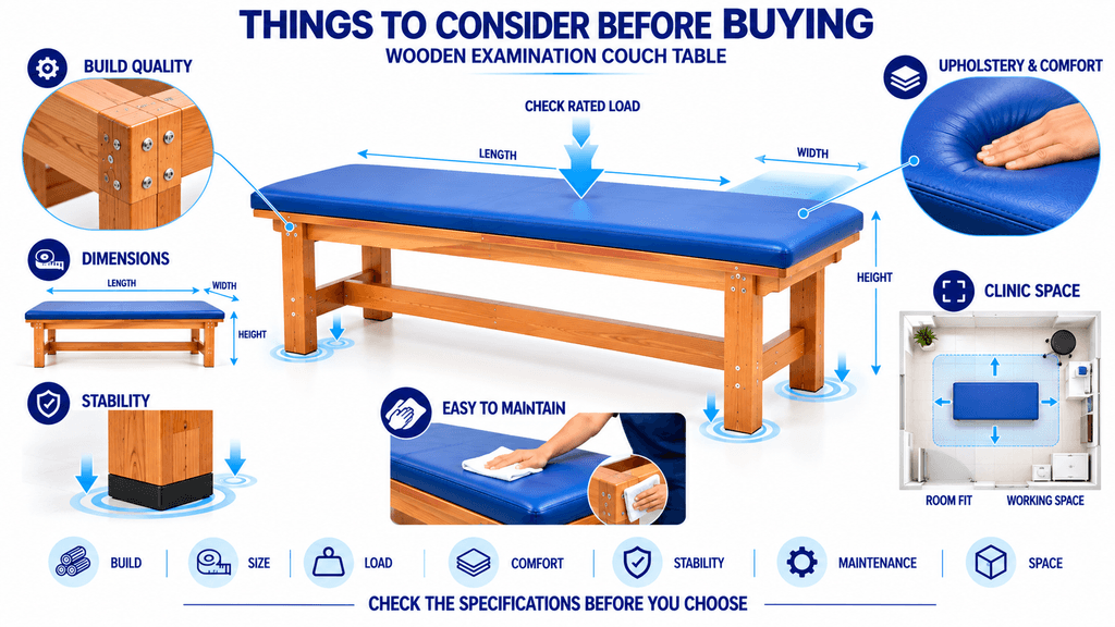 Buying guide infographic for a wooden examination couch table highlighting build quality, dimensions, load capacity, cushioned upholstery, stability, easy maintenance, clinic space planning, and key specifications to consider before choosing a physiotherapy examination couch.