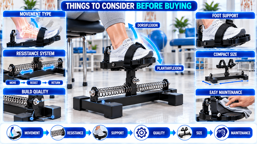 Ankle Exerciser Rehabilitation Ankle exerciser showing key buying considerations including movement type, dorsiflexion and plantarflexion, resistance system, foot support, build quality, compact size, and easy maintenance.