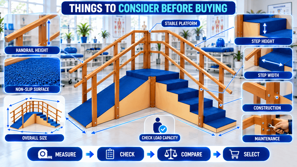 Exercise Corner Stair Case Therapy Exercise corner staircase showing key buying considerations including handrail height, non-slip surface, overall size, stable platform, step height, step width, construction, load capacity, and maintenance.