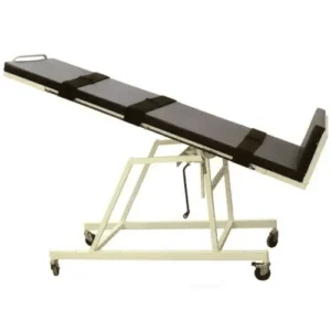 Adjustable tilt table with padded segmented surface, safety straps, support frame, and caster wheels for physiotherapy and rehabilitation use.