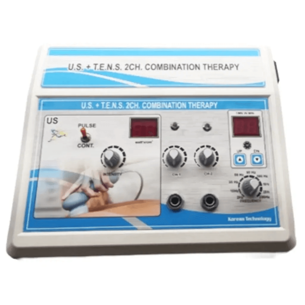 US + TENS 2CH Combination Therapy Machine US + TENS 2 Channel Combination Therapy physiotherapy machine combining therapeutic ultrasound and dual-channel TENS electrotherapy in one unit.