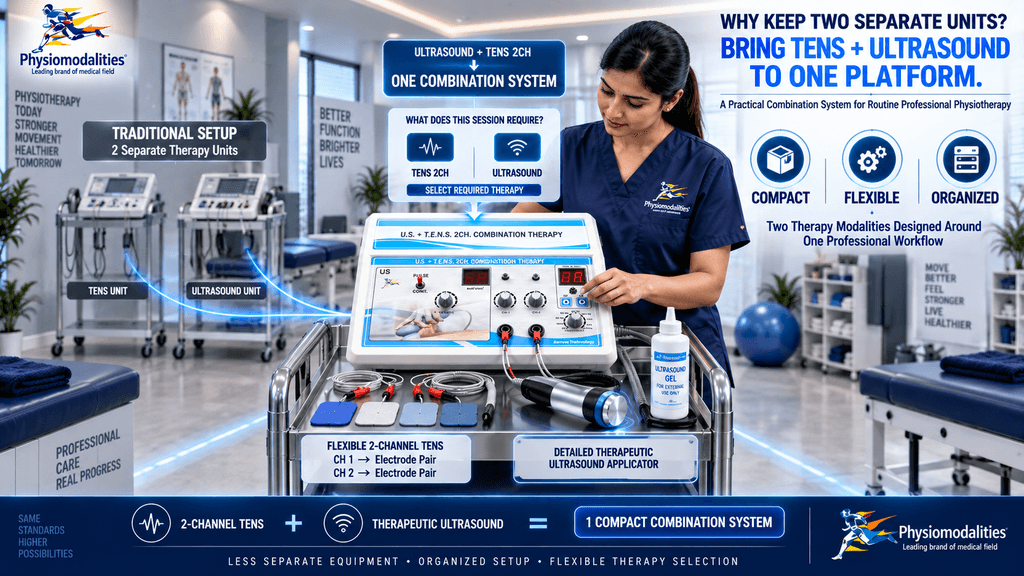 US + TENS 2CH Combination Therapy Machine US + TENS 2CH combination physiotherapy machine bringing two-channel TENS electrical stimulation and therapeutic ultrasound together in one compact professional therapy system.