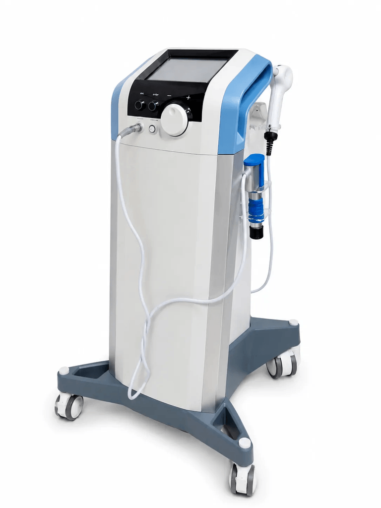 The Vertical Shockwave Therapy Machine is a professional physiotherapy and rehabilitation system designed to deliver controlled shockwave energy for selected musculoskeletal and soft-tissue treatment programs. Its vertical floor-standing design combines the shockwave generator, control system, applicator connections, and treatment accessories into a convenient clinical setup. Shockwave therapy uses mechanically generated pressure waves delivered through an applicator to the treatment area. Depending on the machine configuration, pneumatic or ballistic technology can be used to generate the acoustic pulses. The therapist can select appropriate frequency, energy level, number of pulses, and applicator according to the treatment protocol and patient requirements. A Vertical Shockwave Therapy Machine can be incorporated into physiotherapy clinics, sports rehabilitation centres, orthopedic rehabilitation facilities, pain-management practices, and other professional healthcare environments. What Is a Vertical Shockwave Therapy Machine? A Vertical Shockwave Therapy Machine is a floor-standing shockwave therapy system designed for professional clinical use. Unlike compact tabletop or portable units, the vertical configuration generally provides a larger integrated body with a dedicated control interface and storage or mounting arrangement for the applicator and treatment heads. Many vertical shockwave systems use radial or pneumatic shockwave technology. In pneumatic systems, compressed air accelerates a projectile or applicator mechanism, generating mechanical pressure pulses that are transferred through the treatment head and into the treatment area. The machine is designed to allow the therapist to control treatment parameters rather than delivering a fixed-output therapy. How Does Vertical Shockwave Therapy Work? Shockwave therapy delivers mechanical acoustic energy through a treatment applicator. During treatment, the applicator is positioned against the patient's skin over the selected area. A series of controlled pressure pulses is generated and transferred through the applicator. A typical treatment process involves: Patient assessment. Identification of the treatment area. Selection of the appropriate applicator. Application of coupling medium where required. Selection of frequency and energy parameters. Delivery of controlled shockwave pulses. Continuous monitoring of patient response. Completion and documentation of the treatment session. The exact treatment settings depend on the machine, treatment area, clinical protocol, and patient tolerance. Key Features of Vertical Shockwave Therapy Machine Floor-Standing Vertical Design The vertical structure provides a dedicated clinical workstation for shockwave treatment. The integrated design can make the equipment easier to position within a professional treatment room. Adjustable Shockwave Frequency Many vertical shockwave systems provide adjustable pulse frequency. Published models commonly offer ranges such as 1–16 Hz or 1–21 Hz, depending on the configuration. Adjustable Energy or Pressure Treatment intensity can be adjusted according to the machine's available settings. Some pneumatic models provide pressure-based adjustment, while other systems specify energy levels or multiple output steps. Multiple Treatment Heads Vertical shockwave systems can be supplied with multiple interchangeable treatment heads. One published vertical model, for example, specifies six working heads, while other systems offer different configurations. Different heads can provide different contact surfaces for treating various anatomical regions. Digital Control Interface A digital display or touchscreen interface allows the operator to select treatment parameters and monitor the therapy session. Depending on the model, the interface may provide preset programs, frequency adjustment, intensity control, pulse counting, and treatment information. High Shot Capacity Professional shockwave systems are designed for repeated clinical use. Some published vertical models specify approximately 2 million shockwave shots, although shot capacity varies by model and applicator. Professional Clinical Construction The floor-standing body provides a stable platform for professional treatment environments and can integrate the main control system with the shockwave generator and accessory storage. Applications of Vertical Shockwave Therapy The Vertical Shockwave Therapy Machine may be incorporated into rehabilitation programs involving selected musculoskeletal and soft-tissue conditions. Common applications can include: Plantar fascia-related rehabilitation Achilles tendon rehabilitation Tendon-related conditions Muscle pain management Myofascial trigger-point programs Sports injury rehabilitation Soft-tissue rehabilitation Joint-area rehabilitation Chronic musculoskeletal pain programs Rehabilitation following appropriate clinical assessment Shockwave therapy is not suitable for every condition or every patient. A qualified healthcare professional should determine whether the treatment is appropriate. Potential Benefits Controlled Mechanical Stimulation Shockwave therapy delivers mechanical pulses to a selected treatment area, allowing the therapist to apply a controlled stimulus according to the treatment protocol. Adjustable Treatment The ability to modify frequency, intensity or pressure, and pulse count provides flexibility for different treatment requirements. Multiple Applicator Options Interchangeable treatment heads can help the therapist select an appropriate contact surface for different anatomical areas. Support for Rehabilitation Programs Shockwave therapy can be combined with exercise therapy, manual techniques, mobility work, strengthening programs, and other physiotherapy approaches when clinically appropriate. Suitable for Professional Clinical Use The vertical design is particularly useful for clinics that perform repeated shockwave treatment sessions and require a dedicated floor-standing system. Non-Surgical Treatment Modality Shockwave therapy is a non-invasive modality that can be incorporated into selected rehabilitation programs without surgical intervention. Treatment Areas Depending on the treatment protocol and machine configuration, shockwave therapy may be used around areas such as: Heel and plantar fascia region Achilles tendon region Knee region Shoulder region Elbow region Hip region Thigh and calf muscles Other selected soft-tissue areas The exact treatment location and settings should be determined by a qualified professional after assessment. Radial Shockwave Technology Many vertical systems use radial shockwave technology, in which pressure pulses are generated by a pneumatic mechanism and transferred through an applicator. Radial systems are commonly used for musculoskeletal and soft-tissue applications. The energy characteristics, pressure range, frequency, penetration, and applicator design vary between machines. For example, one published vertical pneumatic system specifies 0.5–5 bar and 1–22 Hz, while another vertical model specifies 1–16 Hz and 12 output levels. These differences demonstrate why the exact machine datasheet should be used for final product specifications. How to Use Vertical Shockwave Therapy Machine Step 1: Patient Assessment Review the patient's history, symptoms, treatment goals, and relevant contraindications before beginning therapy. Step 2: Identify the Treatment Area Determine the appropriate treatment location according to the clinical assessment. Step 3: Select the Treatment Head Choose the applicator or treatment head appropriate for the anatomical area and treatment protocol. Step 4: Prepare the Skin Clean and prepare the treatment area. Apply an appropriate coupling medium when required by the machine's instructions. Step 5: Set the Parameters Select the appropriate frequency, energy or pressure level, and number of pulses according to the treatment protocol. Step 6: Position the Applicator Place the applicator against the treatment area with appropriate contact. Step 7: Start Treatment Begin shockwave delivery at a clinically appropriate setting. Step 8: Monitor the Patient Observe patient feedback and response during treatment. Parameters may be adjusted when clinically appropriate. Step 9: Complete the Session Stop the shockwave output before removing the applicator, clean the treatment area if necessary, and clean and store the equipment according to manufacturer instructions. A physiotherapy equipment SOP published by JIPMER similarly emphasizes patient assessment, coupling medium, parameter selection, applicator positioning, monitoring, and equipment cleaning after shockwave treatment. Safety Precautions The Vertical Shockwave Therapy Machine should be operated only by appropriately trained professionals. Important precautions include: Perform patient assessment before treatment. Follow the manufacturer's operating instructions. Select parameters according to the treatment protocol. Check the applicator and cables before use. Use the appropriate treatment head. Maintain proper applicator contact. Monitor patient response continuously. Avoid treatment over areas where shockwave therapy is contraindicated. Stop treatment if unexpected or significant discomfort occurs. Keep the machine and electrical connections dry. Perform regular maintenance and inspection. Follow the manufacturer's recommended service schedule. Potential contraindications and precautions should be reviewed before treatment. Professional physiotherapy guidance commonly identifies considerations such as blood-clotting disorders, malignancy, pregnancy, and infection at the treatment site. Technical Specifications Specification Vertical Shockwave Therapy Machine Product Type Floor-Standing Shockwave Therapy Machine Therapy Shockwave / Acoustic Wave Therapy Technology Radial / Pneumatic Shockwave* Frequency Approx. 1–16 Hz or model-dependent* Energy / Pressure Model-dependent* Treatment Heads Multiple interchangeable heads* Display Digital LCD / Touchscreen* Shot Capacity Up to approximately 2 million shots on selected models* Construction Vertical Floor-Standing Design Application Physiotherapy & Rehabilitation Operation Professional Use Power Supply Model-dependent *Specifications vary significantly between Vertical Shockwave models. Published examples include 1–16 Hz, 12 energy levels and 6 heads, while other vertical systems specify 0.5–10 bar and 1–21 Hz. Confirm the exact specifications, accessories, dimensions, power and output range against the supplied PHYSIOMODALITIES™ model before publishing. Who Should Operate the Machine? The Vertical Shockwave Therapy Machine should be operated by trained healthcare professionals who understand shockwave therapy principles, patient assessment, treatment parameters, applicator handling, and contraindications. Suitable professional users may include: Physiotherapists Sports rehabilitation professionals Orthopedic rehabilitation teams Qualified rehabilitation practitioners Healthcare professionals trained in shockwave therapy Professional supervision is important because treatment intensity and location need to be selected according to the individual patient. Why Clinics Use a Vertical Shockwave System A vertical shockwave system can be useful for clinics that regularly provide shockwave-based rehabilitation. Key operational advantages can include: Dedicated floor-standing design Integrated control system Multiple treatment heads Adjustable treatment parameters Digital treatment interface High shot capacity on selected models Easy access to applicator accessories Professional clinic-oriented construction The machine can complement other physiotherapy technologies and rehabilitation methods rather than replacing a complete clinical treatment program. Why Choose PHYSIOMODALITIES™? PHYSIOMODALITIES™ offers physiotherapy and rehabilitation equipment designed for professional clinical environments. A Vertical Shockwave Therapy Machine can be an appropriate addition for clinics looking to expand their rehabilitation equipment with shockwave technology. The floor-standing format provides a dedicated setup for repeated professional treatments. PHYSIOMODALITIES ENTERPRISES supplies physiotherapy and rehabilitation equipment for clinics, hospitals, physiotherapy centres, rehabilitation facilities, and professional healthcare environments. Conclusion The Vertical Shockwave Therapy Machine is a floor-standing professional system designed to deliver controlled mechanical shockwave energy for selected physiotherapy and rehabilitation applications. Its adjustable treatment parameters, interchangeable applicators, digital controls, and dedicated vertical construction can make it suitable for clinics that regularly use shockwave therapy. Depending on the model, systems may provide different frequency ranges, energy or pressure levels, treatment heads, shot capacities, and control interfaces. For final product publication, the exact technical specifications of the supplied PHYSIOMODALITIES™ model should be verified because Vertical Shockwave Therapy Machines are available in multiple configurations. Frequently Asked Questions 1. What is a Vertical Shockwave Therapy Machine? It is a floor-standing physiotherapy system designed to deliver controlled shockwave or acoustic pressure pulses for selected rehabilitation applications. 2. What conditions can shockwave therapy be used for? It may be incorporated into rehabilitation programs for selected tendon, plantar fascia, muscle, and other musculoskeletal conditions following professional assessment. 3. What frequency does a Vertical Shockwave Machine use? The frequency depends on the model. Published systems can range from approximately 1–16 Hz to 1–22 Hz or other configurations. 4. How many treatment heads are included? The number varies by model. Some published vertical systems include six working heads, while other configurations provide different numbers of applicators. 5. Who can operate a Vertical Shockwave Therapy Machine? It should be operated by an appropriately trained physiotherapist or other qualified healthcare professional familiar with shockwave therapy.