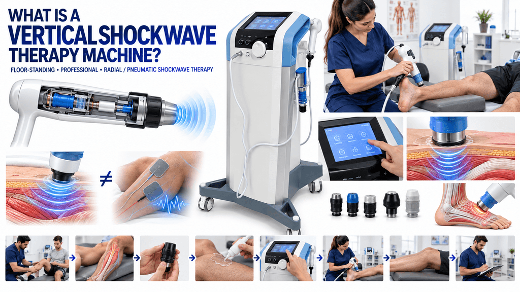 Vertical Shockwave Therapy Machine showing radial pneumatic shockwave treatment, touchscreen control, applicators and professional physiotherapy use