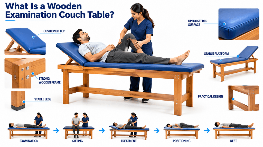 Medical infographic explaining a wooden examination couch table with an adjustable backrest, cushioned upholstered surface, strong wooden frame, stable legs, and a physiotherapist assisting a patient during examination, treatment, positioning, sitting, and rehabilitation therapy in a physiotherapy clinic.