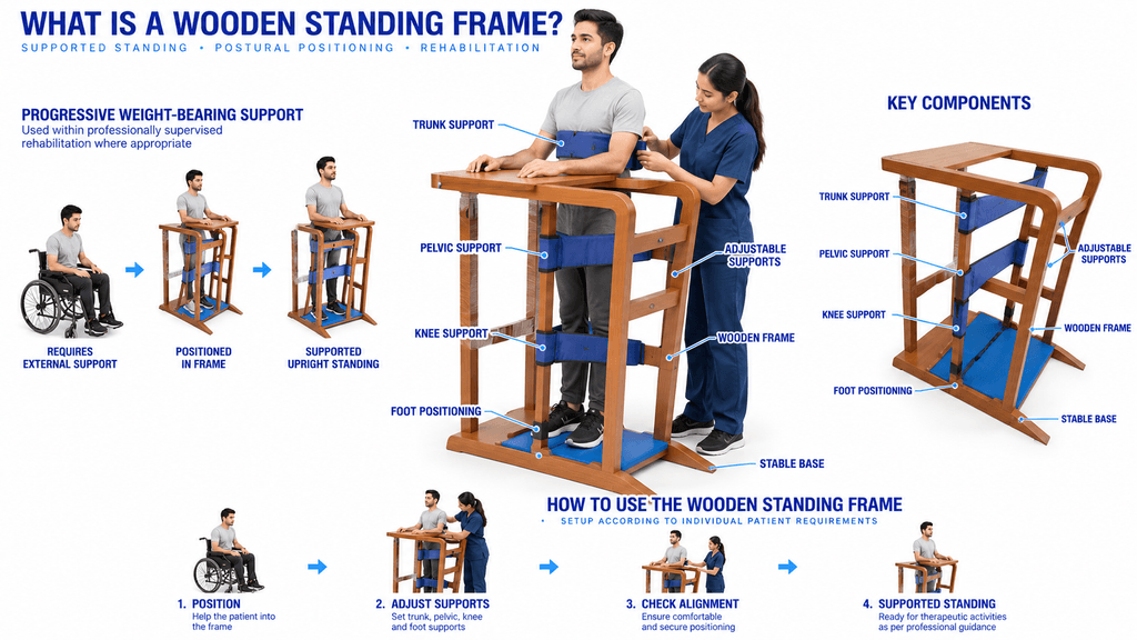 Medical infographic explaining a wooden standing frame used for physiotherapy rehabilitation, showing trunk, pelvic, knee, and foot supports, key components, progressive weight-bearing support, and step-by-step setup for supported standing therapy.