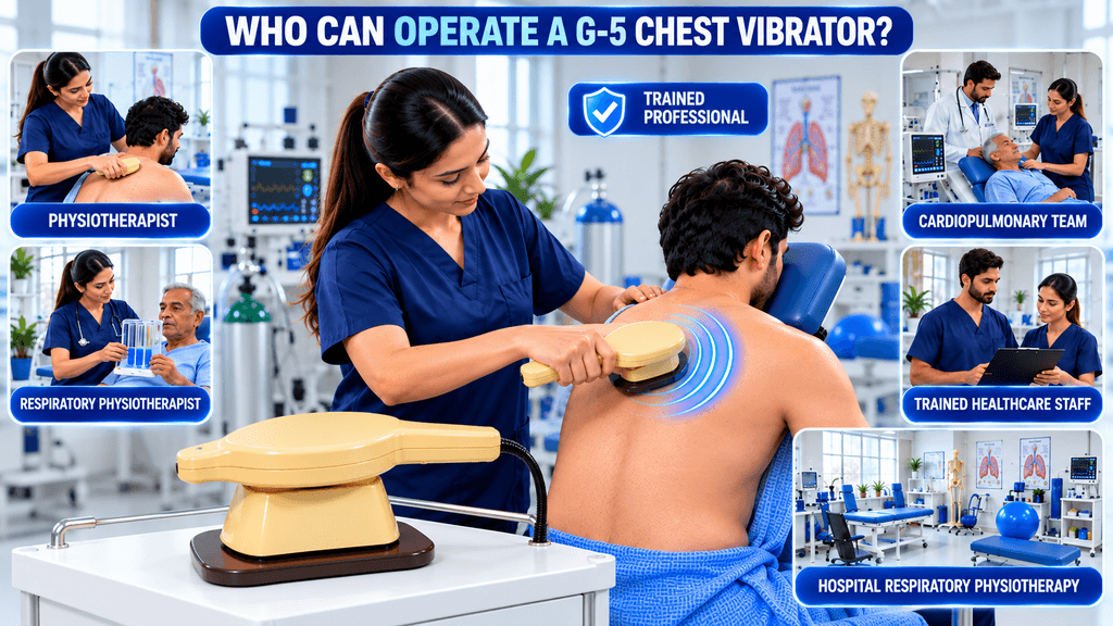 G-5 Chest Vibrator Massager Machine G-5 Chest Vibrator being used by trained healthcare professionals, including physiotherapists, respiratory physiotherapists, cardiopulmonary teams, and trained healthcare staff in hospital respiratory physiotherapy settings.