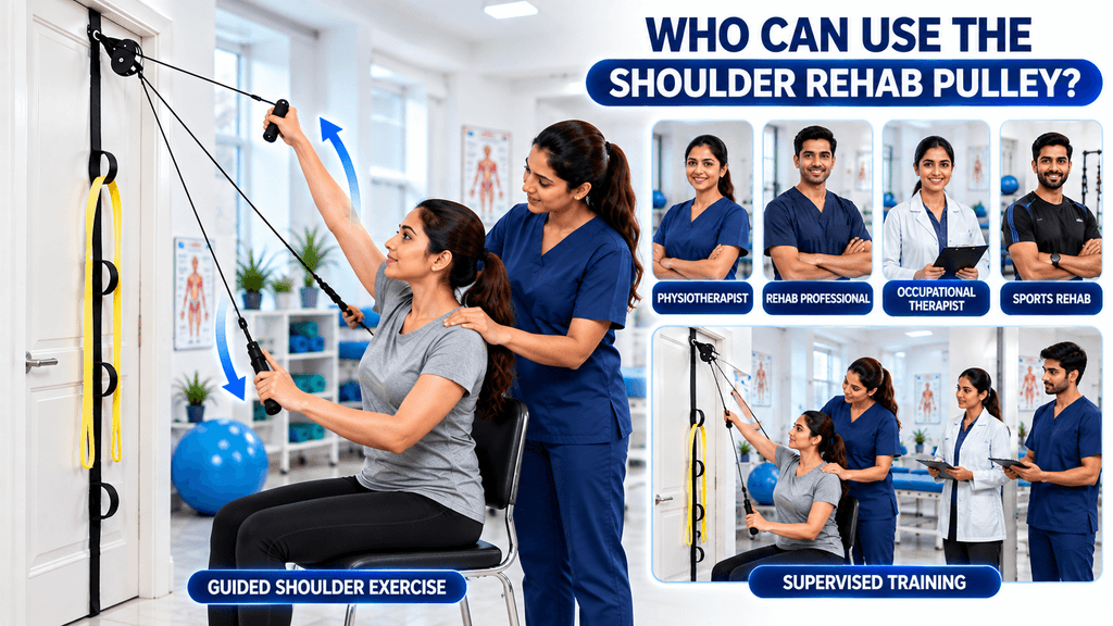 PHYSIOMODALITIES™ Shoulder Rehab Pulley for Physiotherapy being used during guided shoulder rehabilitation under physiotherapist supervision, showing assisted arm mobility exercises with a door anchor pulley system for physiotherapists, rehabilitation professionals, occupational therapists, sports rehabilitation, and supervised shoulder exercise training.