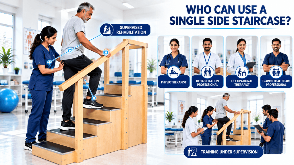 PHYSIOMODALITIES™ Single Side Staircase physiotherapy rehabilitation equipment used by a physiotherapist assisting an elderly patient during supervised stair training, showing rehabilitation professionals, occupational therapists, and healthcare professionals in a clinical rehabilitation environment