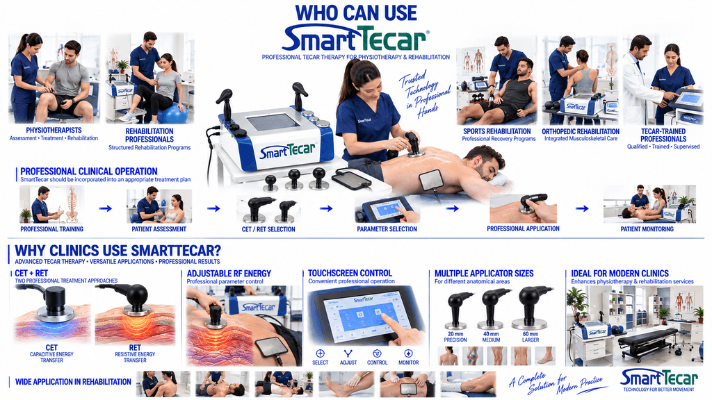 SmartTecar TECAR Therapy Machine for physiotherapists and rehabilitation professionals with CET RET therapy, touchscreen control and multiple applicators
