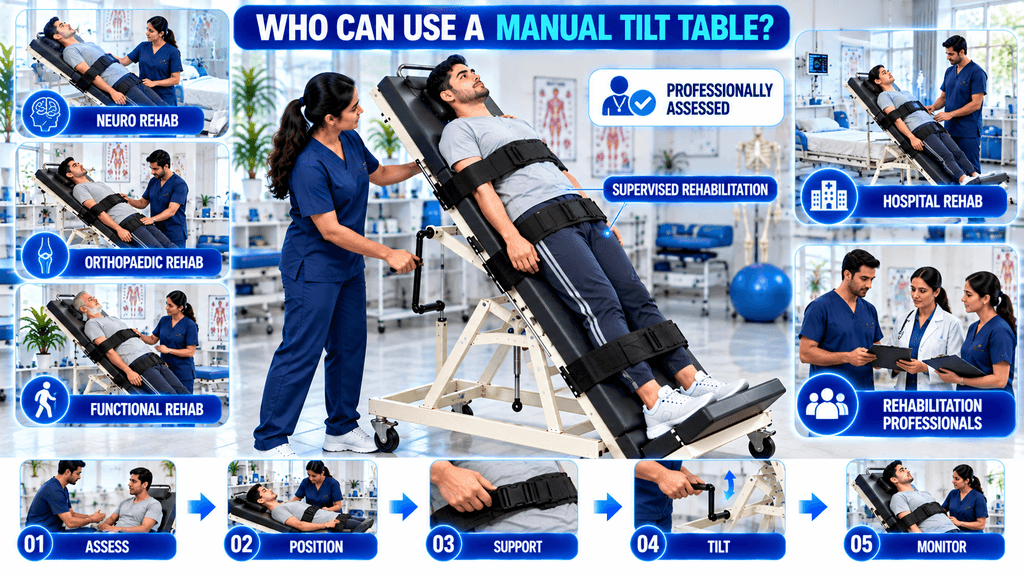 Manual tilt table for supervised rehabilitation, showing use in neurological, orthopaedic, functional, and hospital rehabilitation by trained rehabilitation professionals.