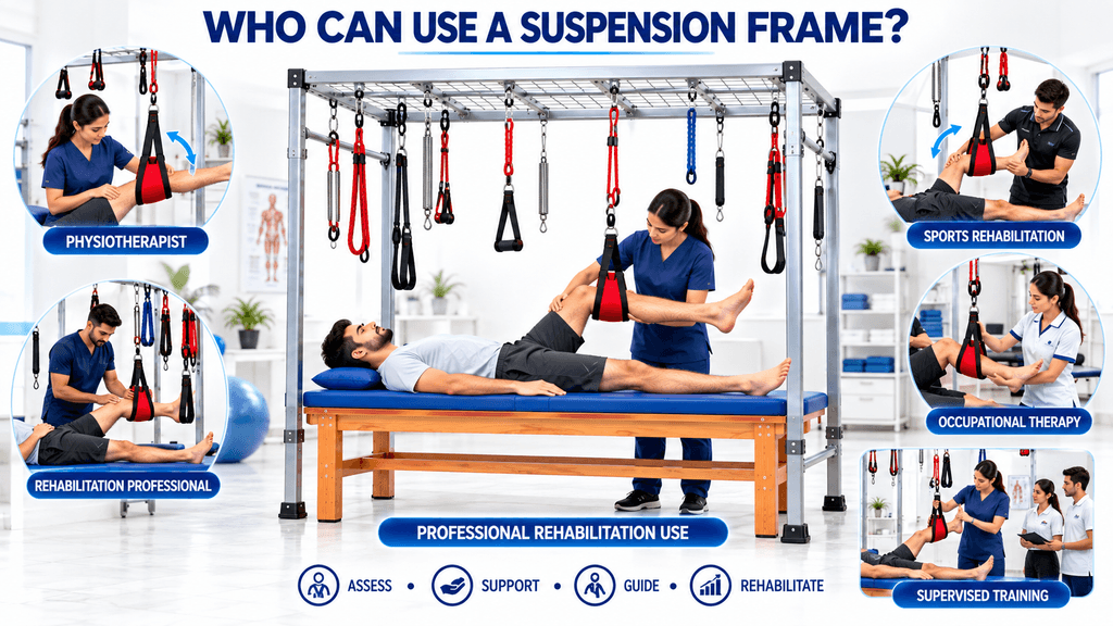 Medical infographic showing who can use a suspension therapy frame for physiotherapy rehabilitation, featuring physiotherapists, rehabilitation professionals, sports rehabilitation therapists, occupational therapists, and supervised clinical training for supported lower-limb mobility, therapeutic exercise, and guided rehabilitation.