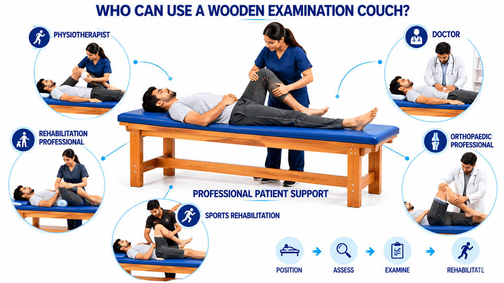 Medical infographic showing who can use a wooden examination couch table, featuring physiotherapists, doctors, orthopedic professionals, rehabilitation specialists, and sports rehabilitation therapists performing patient assessment, examination, positioning, and rehabilitation treatment in a clinical setting.