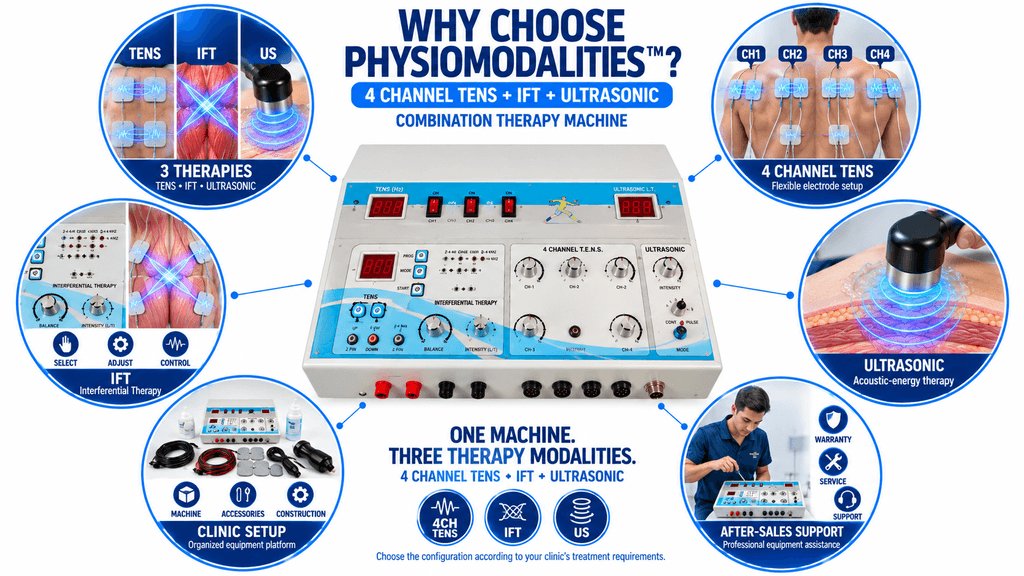 4 Ch TENS + IFT + US Combo Therapy device Why Choose 4 Channel TENS with IFT and Ultrasonic Combination Physiotherapy Machine