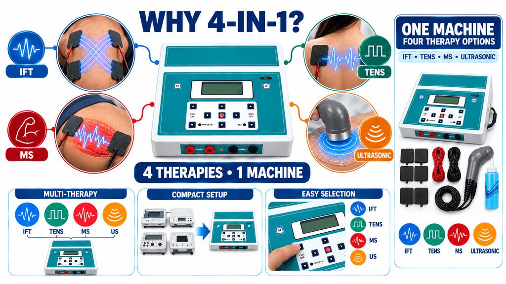 4-in-1 Electrotherapy Combo Machine Why choose a 4-in-1 electrotherapy combo machine with IFT, TENS, Muscle Stimulation and Ultrasonic Therapy