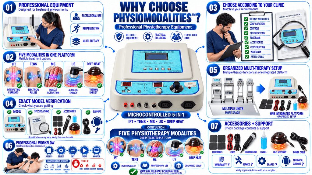 Microcontrolled 5-in-1 Physiotherapy Machine Why Choose PHYSIOMODALITIES Microcontrolled 5-in-1 Physiotherapy Machine with IFT, TENS, MS, Ultrasonic and Deep Heat