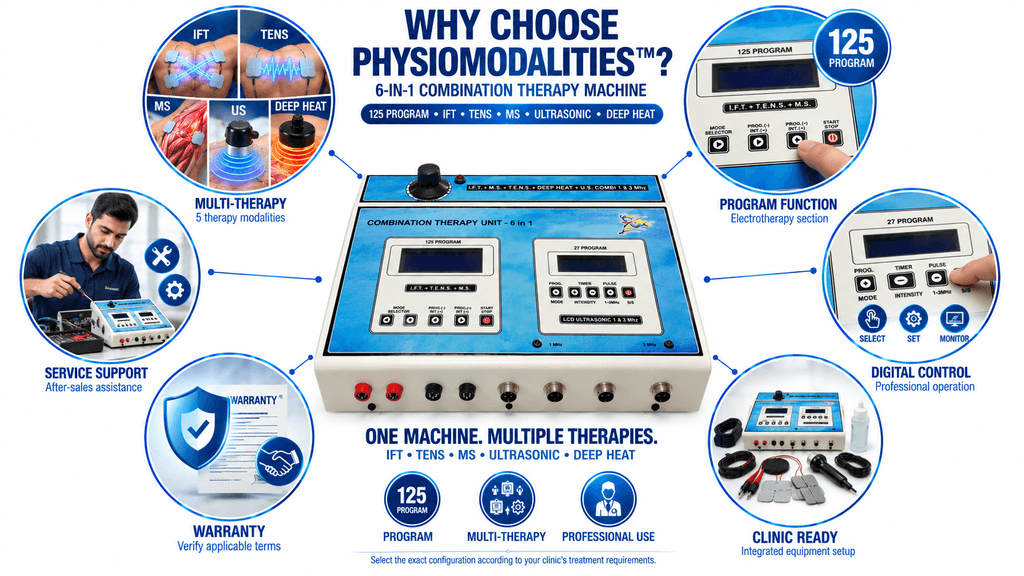6-in-1 Combination Therapy Machine Why Choose PHYSIOMODALITIES 6-in-1 Combination Therapy Machine with 125 Programs, IFT, TENS, MS, Ultrasonic and Deep Heat