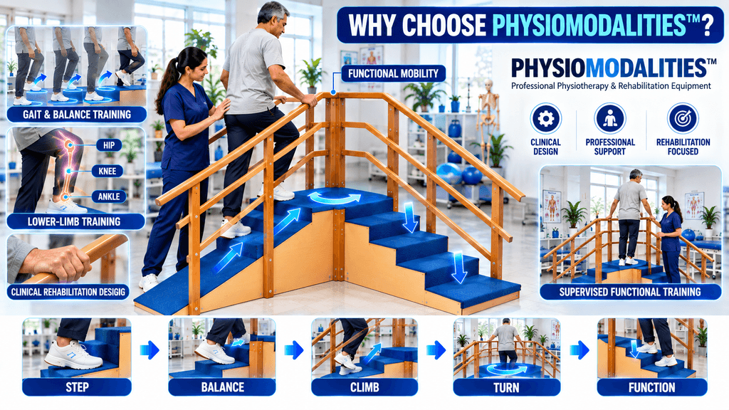 Exercise Corner Stair Case Therapy Exercise corner staircase for gait and balance training, lower-limb training, functional mobility, clinical rehabilitation, and supervised functional training.