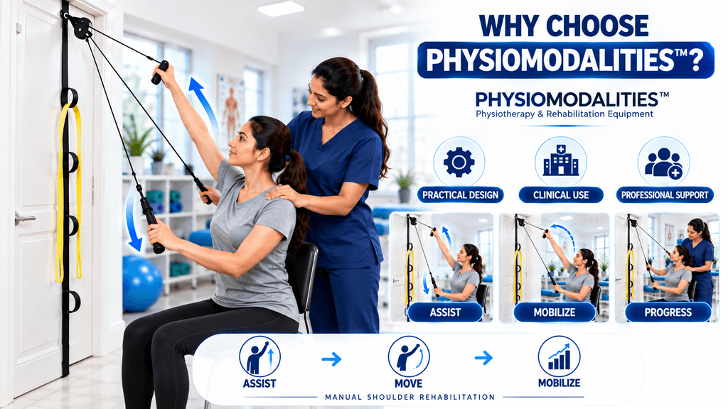 PHYSIOMODALITIES™ Shoulder Rehab Pulley for physiotherapy featuring a practical door-mounted pulley system, guided shoulder mobility exercises, assisted arm rehabilitation, clinical use, professional physiotherapy support, and manual shoulder rehabilitation for improved range of motion and recovery.