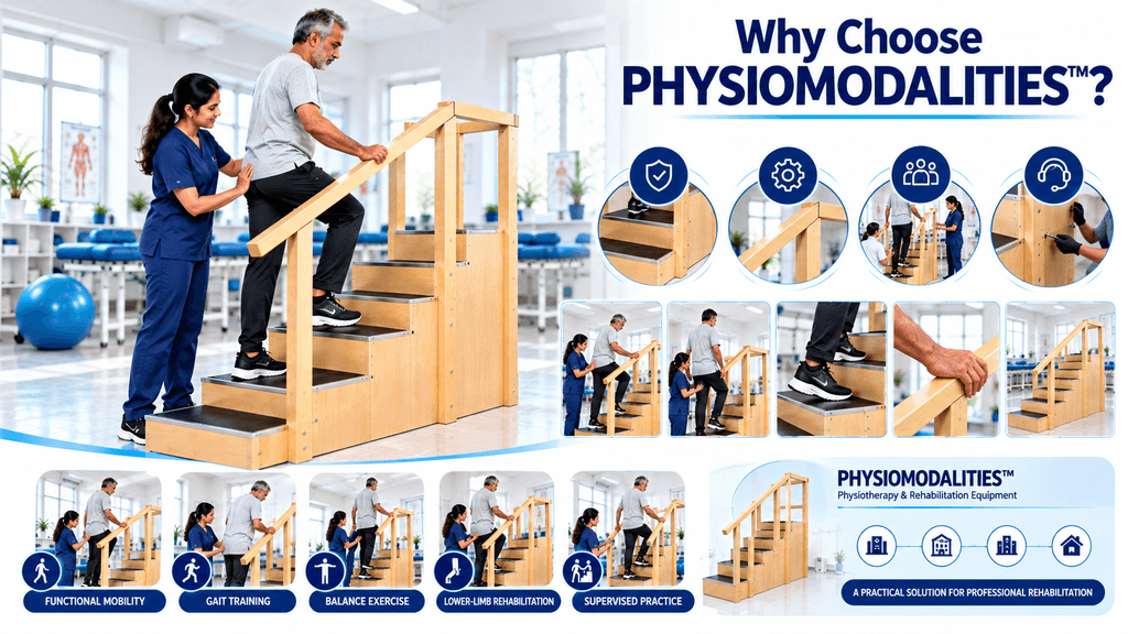 PHYSIOMODALITIES™ Single Side Rehabilitation Staircase with an elderly patient performing stair rehabilitation under physiotherapist supervision, highlighting functional mobility, gait training, balance exercise, lower-limb rehabilitation, supervised practice, stable wooden construction, ergonomic handrail, and professional clinical support.