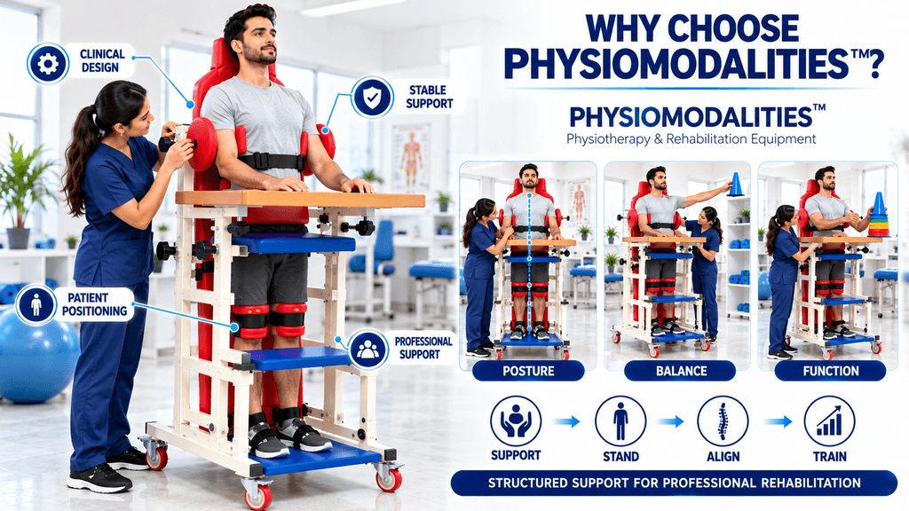 Standing Frame Chair Adult rehabilitation patient using a PHYSIOMODALITIES™ Standing Frame Chair while a physiotherapist adjusts lateral trunk support during supported standing, postural alignment, balance training, and functional rehabilitation in a clinical physiotherapy setting.