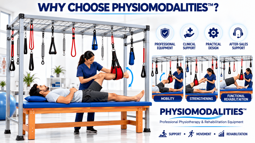 Premium clinical infographic showcasing a suspension therapy frame for physiotherapy rehabilitation, featuring therapist-assisted lower-limb suspension therapy, mobility training, strengthening exercises, functional rehabilitation, professional clinical support, adjustable suspension straps, and a heavy-duty suspension frame on a pure white background.