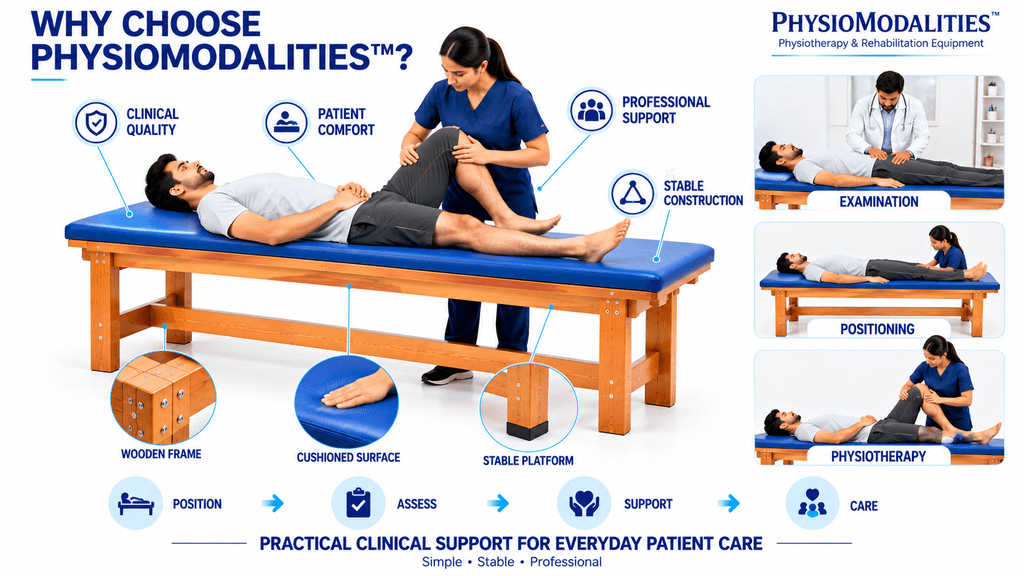 Premium closing infographic of a wooden examination couch table for physiotherapy rehabilitation, featuring one adult patient receiving a professional musculoskeletal assessment from a physiotherapist, with clinical quality, patient comfort, stable construction, professional support, cushioned surface, wooden frame, stable platform, and examination, positioning, and physiotherapy workflow on a pure white background.