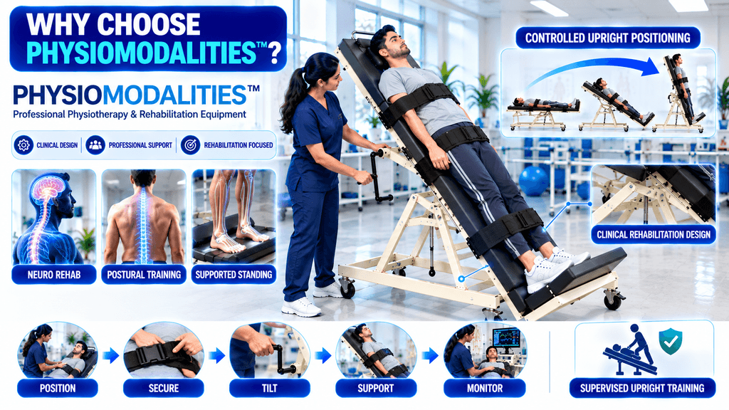 Manual tilt table for professional physiotherapy and rehabilitation, featuring controlled upright positioning, neurological rehabilitation, postural training, supported standing, clinical rehabilitation design, and supervised upright training.