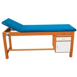 Wooden physiotherapy examination table with adjustable backrest, blue cushioned mattress, storage drawer, and cabinet for patient examination, treatment, and rehabilitation in clinics and hospitals.