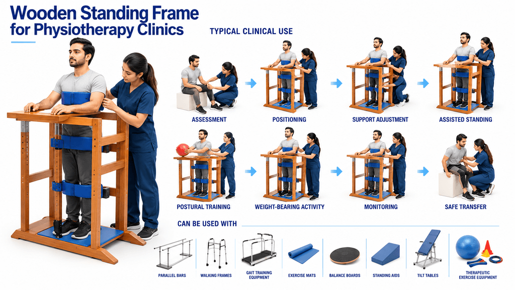 Wooden standing frame used in physiotherapy clinics for therapist-assisted standing rehabilitation, postural training, weight-bearing activities, balance therapy, safe patient transfer, and functional rehabilitation with adjustable trunk, pelvic, knee, and foot supports.