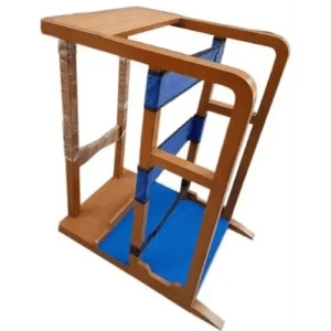 Wooden standing frame with adjustable support straps for physiotherapy rehabilitation, standing balance training, posture correction, gait training, and neurological recovery therapy.