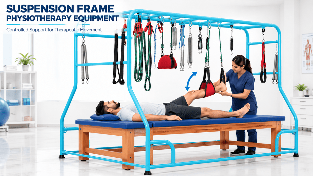 Medical infographic showing a suspension therapy frame with overhead suspension straps, springs, slings, pulleys, and a cushioned treatment platform, where a physiotherapist performs lower-limb suspension therapy and controlled therapeutic movement for physiotherapy rehabilitation.
