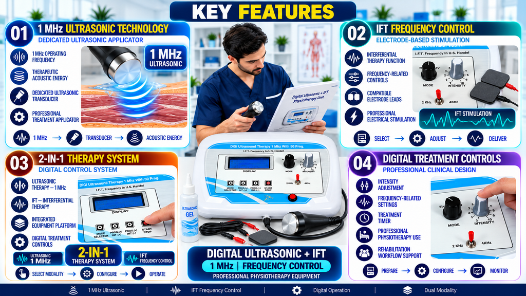 Digital Ultrasonic Therapy Unit 1 MHz with IFT Frequency Control Digital Ultrasonic and IFT Physiotherapy Machine with 1 MHz Ultrasound, Frequency Control and Dual Therapy System