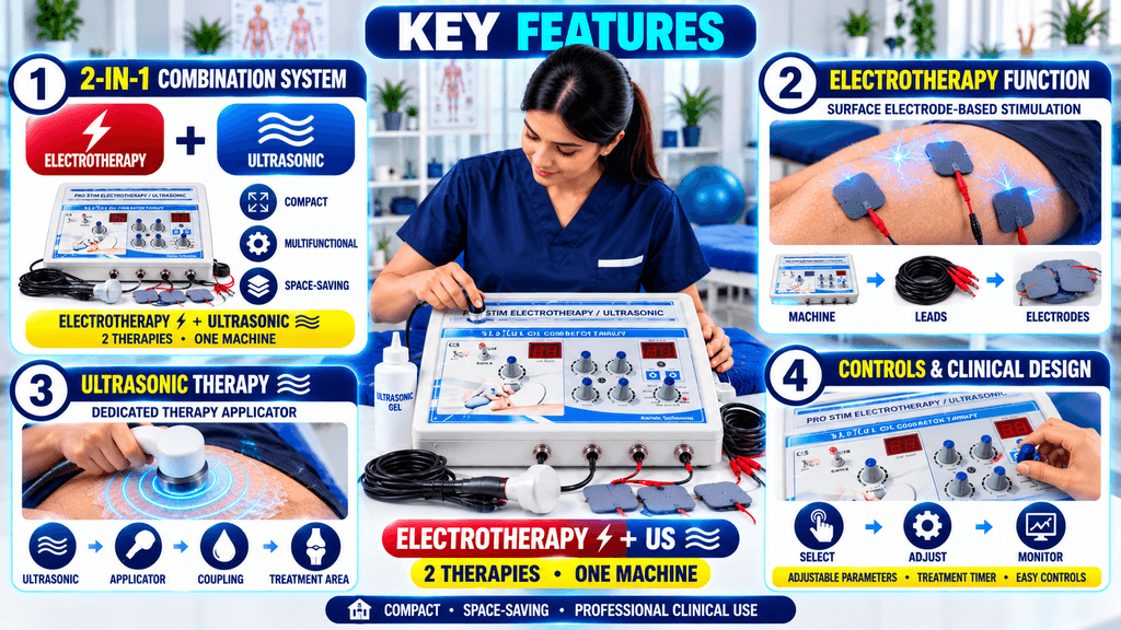 2 IN 1 Electrotherapy + US Physiotherapy Machine Key features of a 2-in-1 electrotherapy and ultrasonic physiotherapy machine with electrode stimulation, ultrasonic applicator, adjustable controls, and treatment timer.