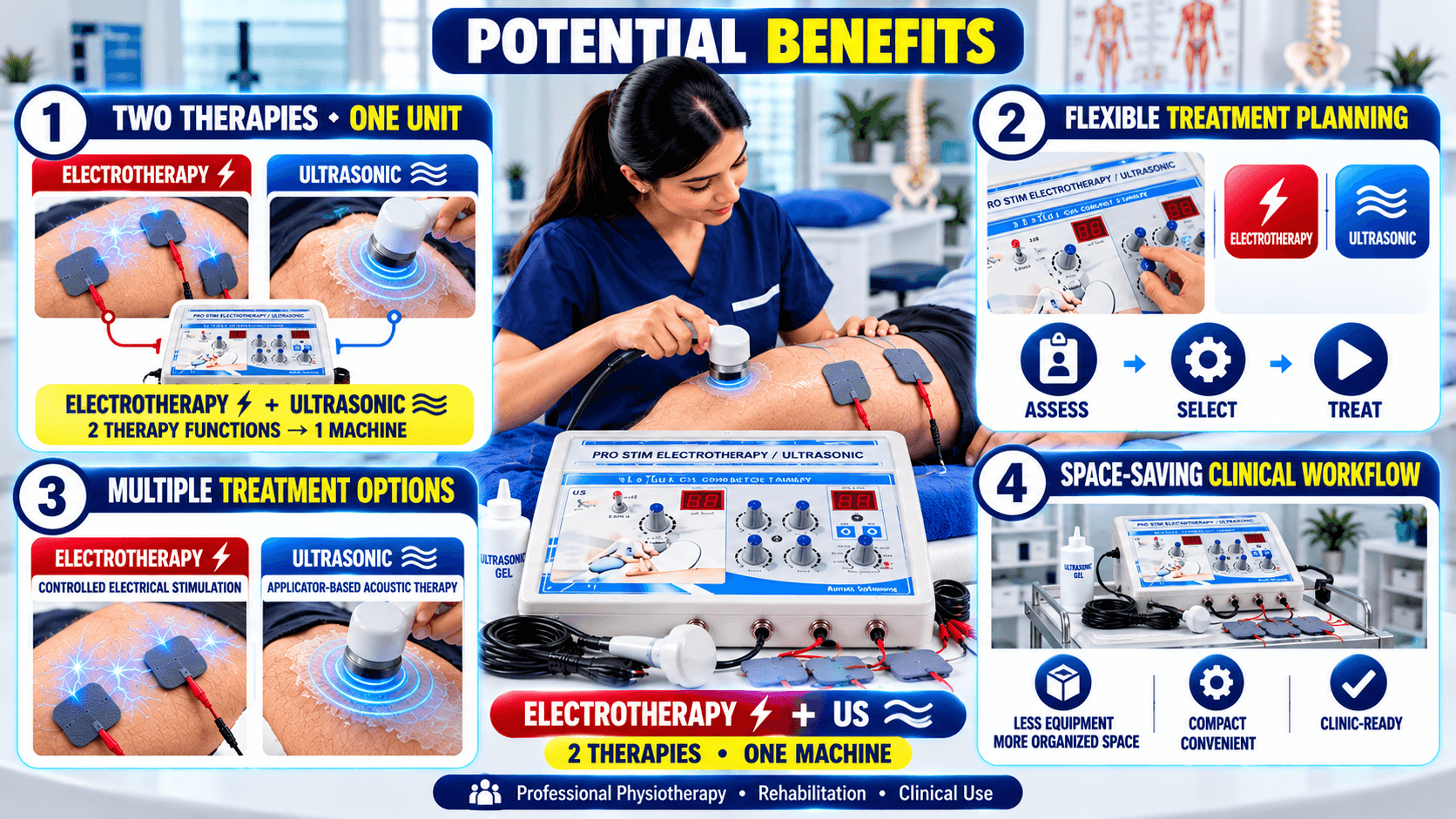 2 IN 1 Electrotherapy + US Physiotherapy Machine Potential benefits of a 2-in-1 electrotherapy and ultrasonic physiotherapy machine for flexible treatment planning, multiple therapy options, and space-saving clinical use.
