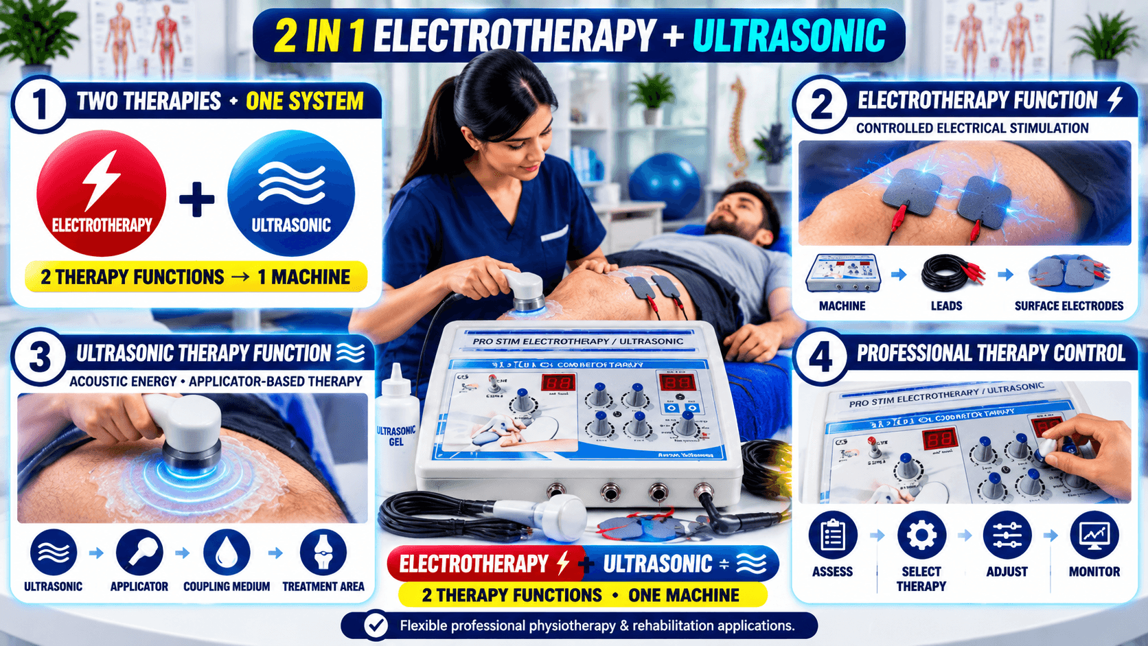 2 IN 1 Electrotherapy + US Physiotherapy Machine 2-in-1 electrotherapy and ultrasonic physiotherapy machine showing electrical stimulation and ultrasound therapy applications