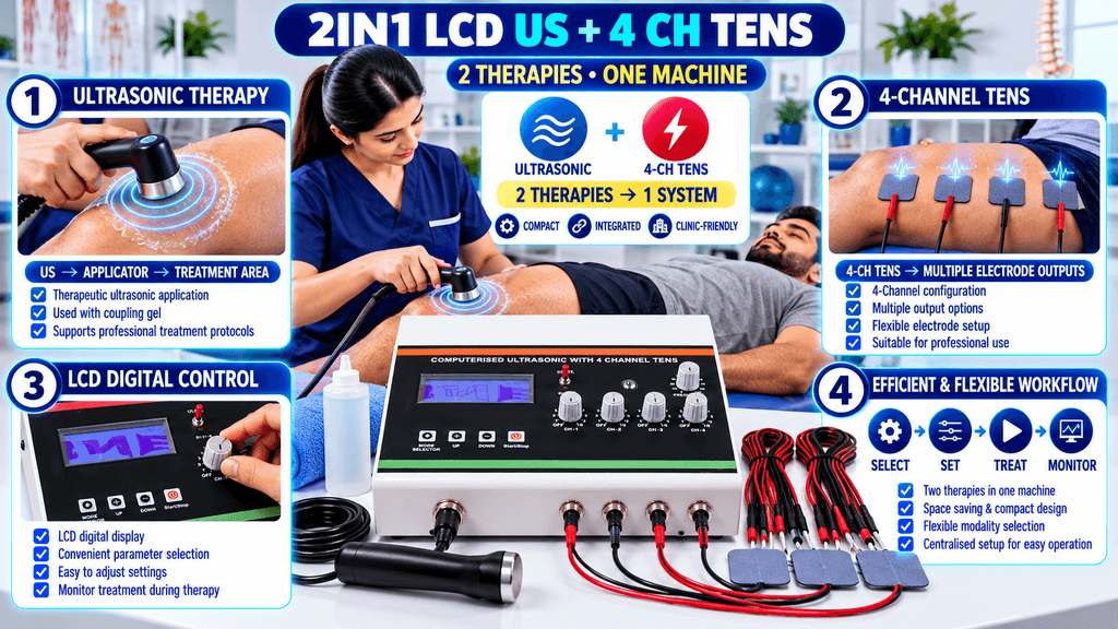 2-in-1 LCD TENS + Ultrasonic Therapy Machine 2-in-1 LCD Ultrasonic + 4-channel TENS physiotherapy machine demonstrating ultrasonic therapy, four-channel TENS electrode output, LCD digital controls, and an integrated clinical treatment workflow.