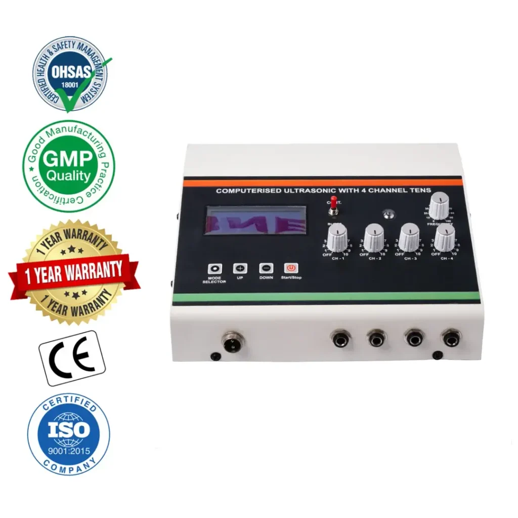 2-in-1 LCD TENS + Ultrasonic Therapy Machine 2-in-1 LCD Ultrasonic + 4-channel TENS therapy machine with digital controls, ultrasonic therapy applicator, electrode cables, and treatment accessories, shown with CE, GMP, OHSAS, ISO 9001:2015, and 1-year warranty badges